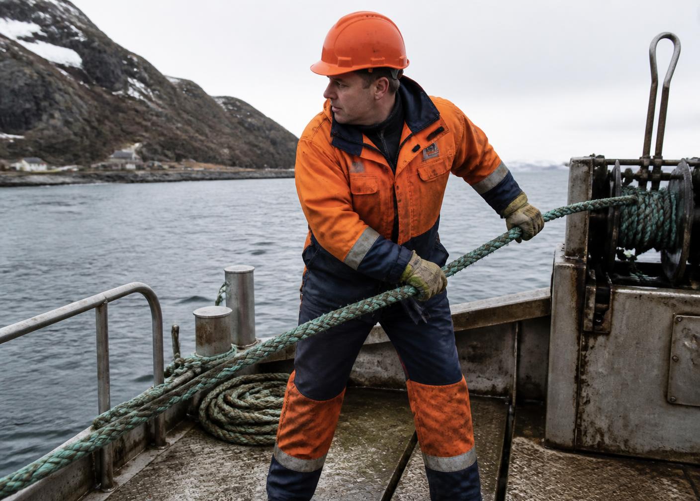 Mannskap i oransje arbeidstøy og hjelm håndterer tauverk på dekk av en arbeidsbåt